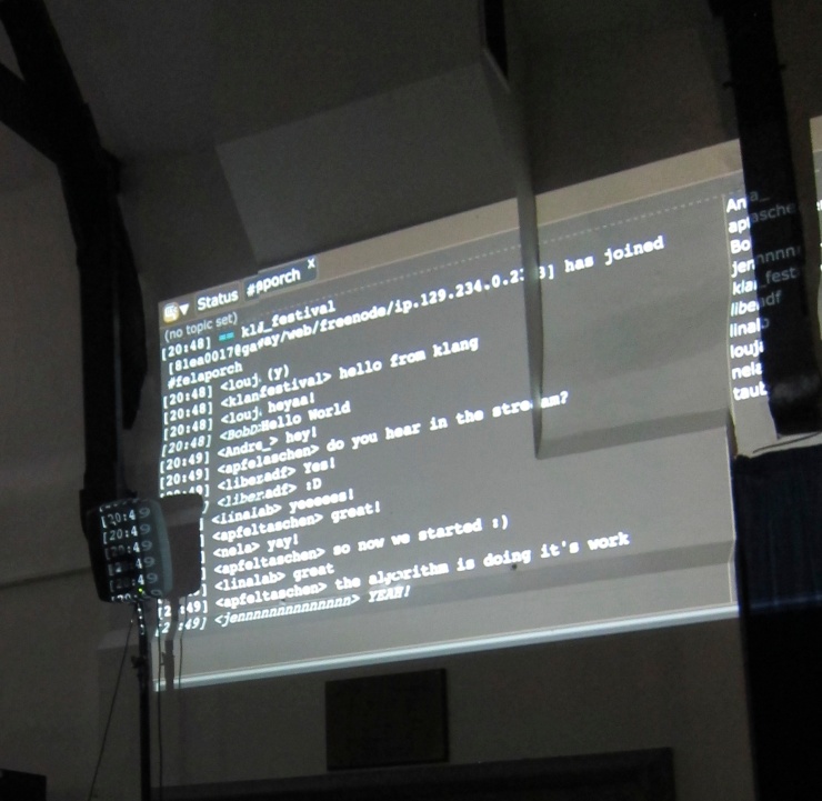 IRC chat with remote performers was projected during performance